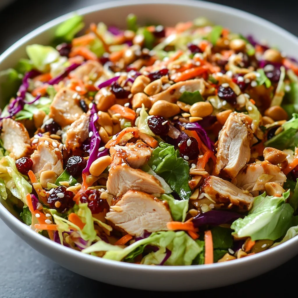 Asian Chicken Cranberry Salad with mixed greens and colorful toppings