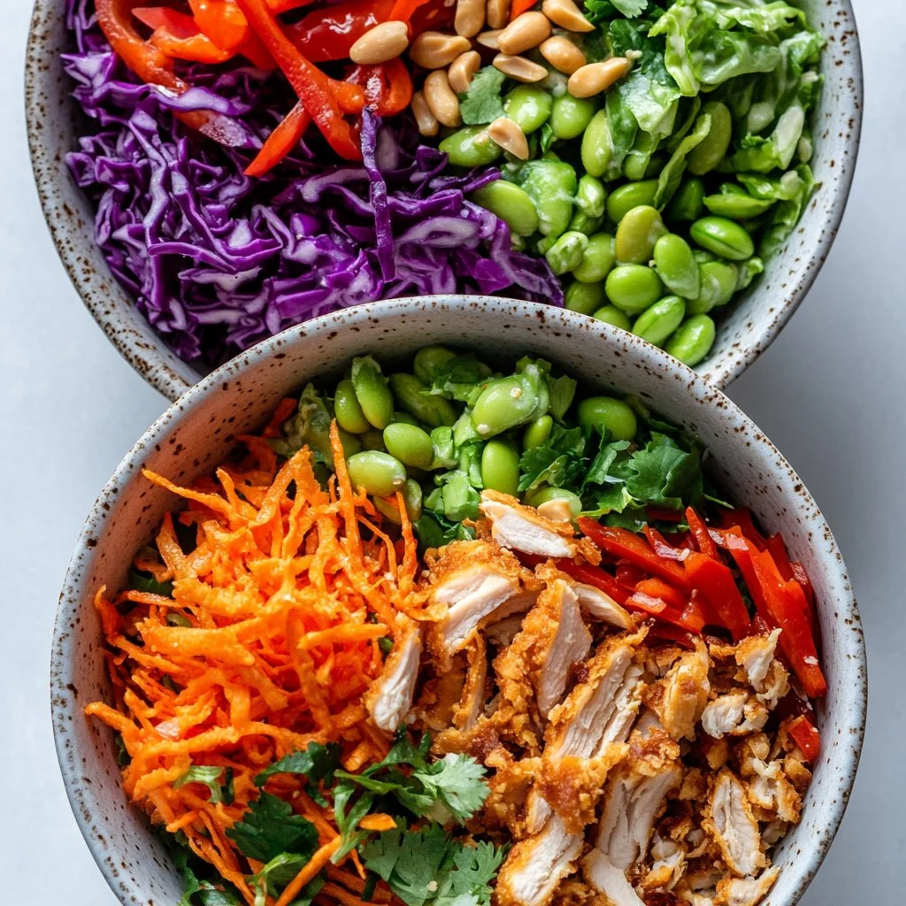 Asian Chicken Crunch Salad with fresh vegetables and Asian dressing