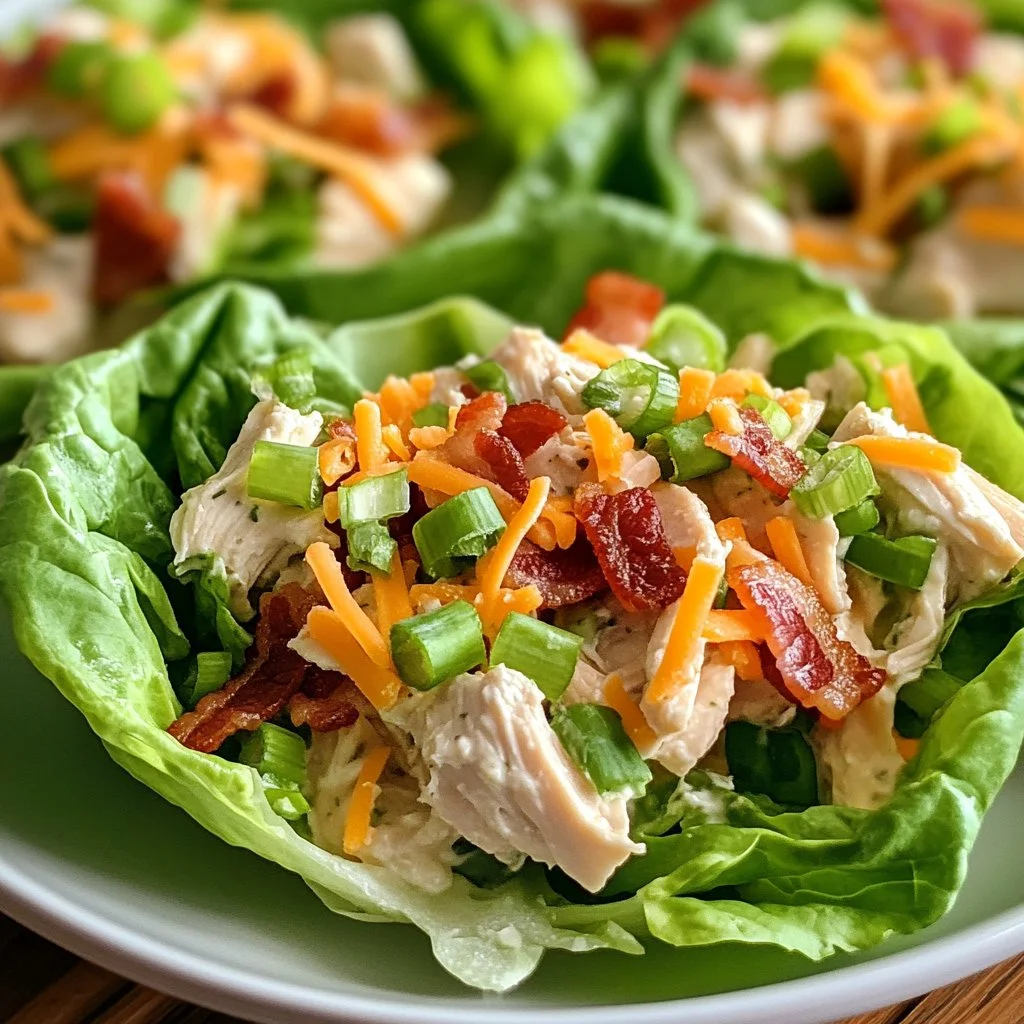 Low carb Bacon Ranch Chicken Salad with Cheddar, topped with crispy bacon