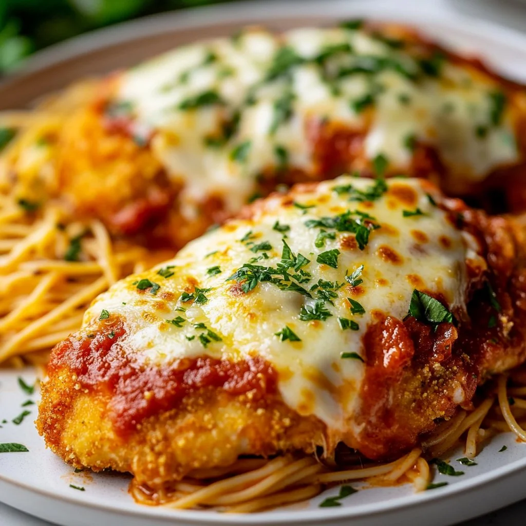 Delicious baked chicken parmesan topped with melted cheese and marinara sauce