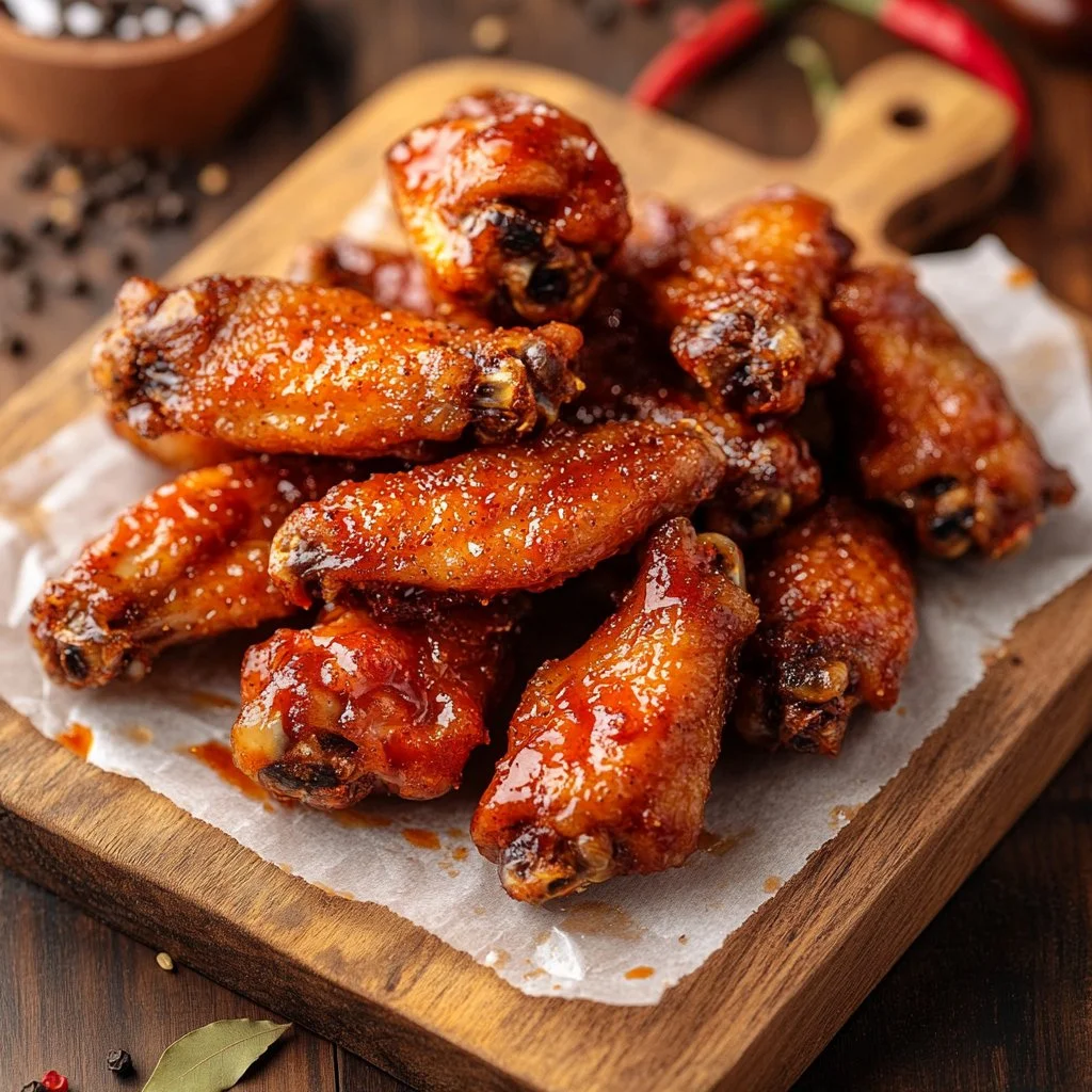 Delicious baked chicken wings arranged on a platter with dipping sauce.