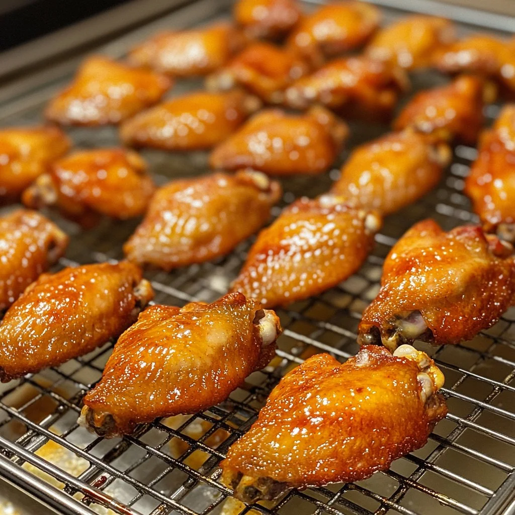 Crispy baking powder chicken wings baked in the oven served on a plate.