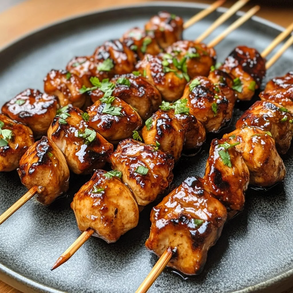 Delicious Bang Bang Chicken Skewers on a platter with spicy sauce