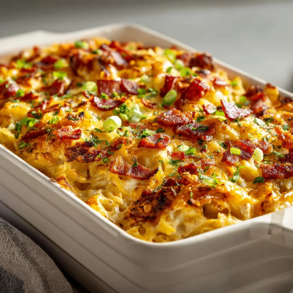 Delicious BBQ ranch chicken casserole with vibrant toppings and gooey cheese
