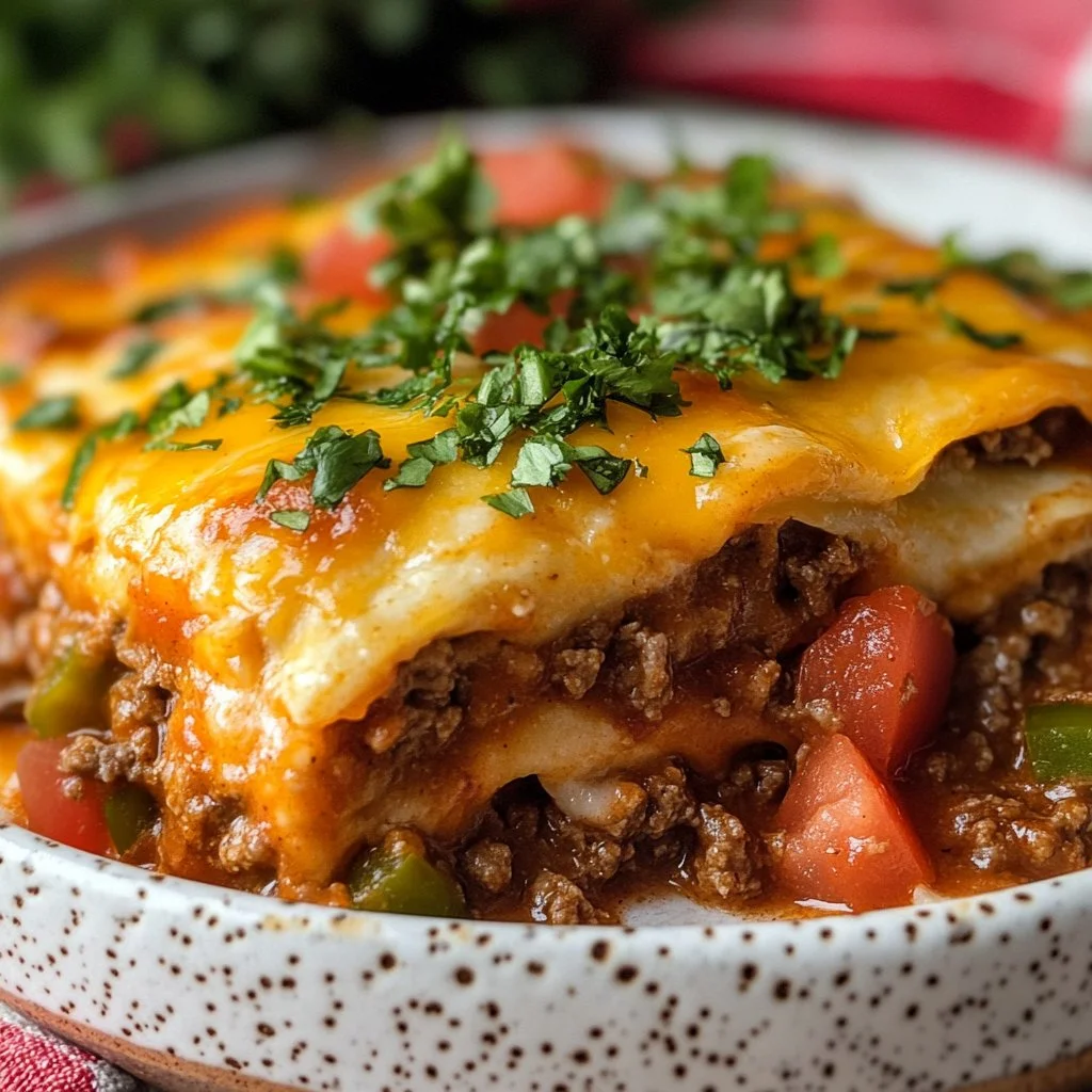Delicious beef enchilada casserole topped with cheese and fresh ingredients