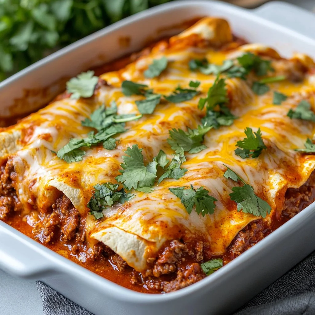 Delicious beef enchiladas topped with rich red sauce served on a plate