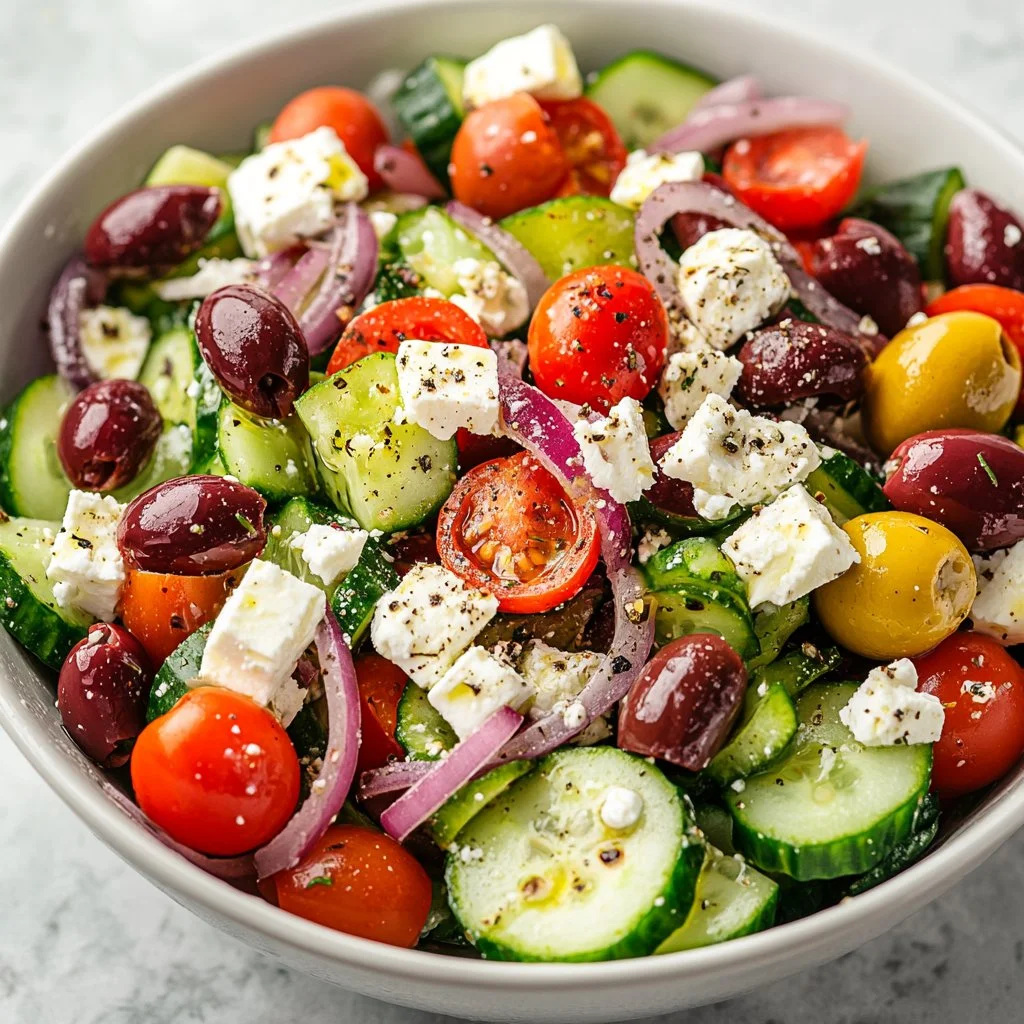 Delicious Greek salad with fresh vegetables and feta cheese