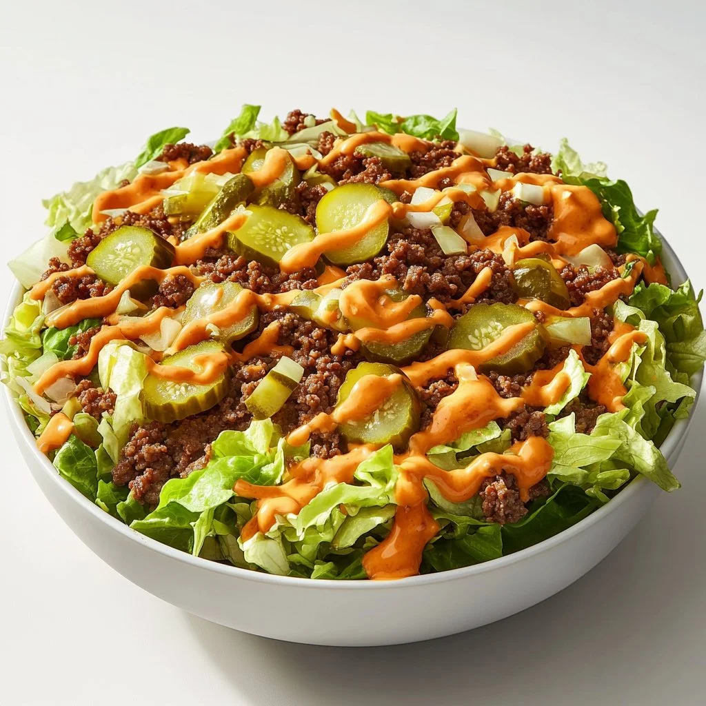 Colorful Big Mac Salad with lettuce, tomato, cheese, and special sauce