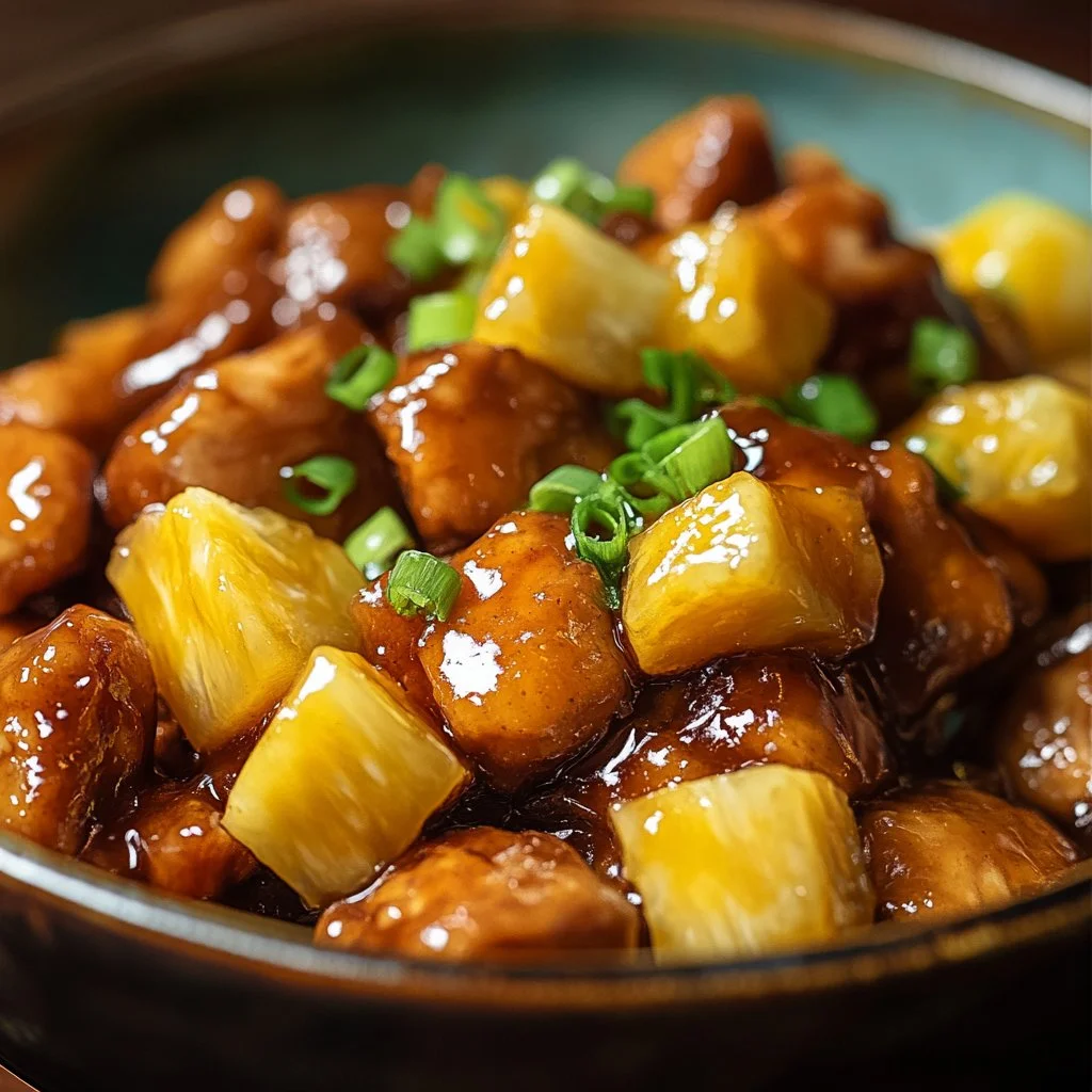 Delicious Brown Sugar Pineapple Chicken served with fresh pineapple slices.