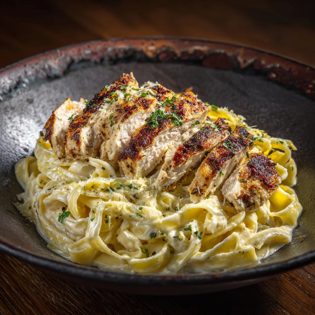 Creamy Cajun Chicken Fettuccine Alfredo served in a bowl with fresh herbs.