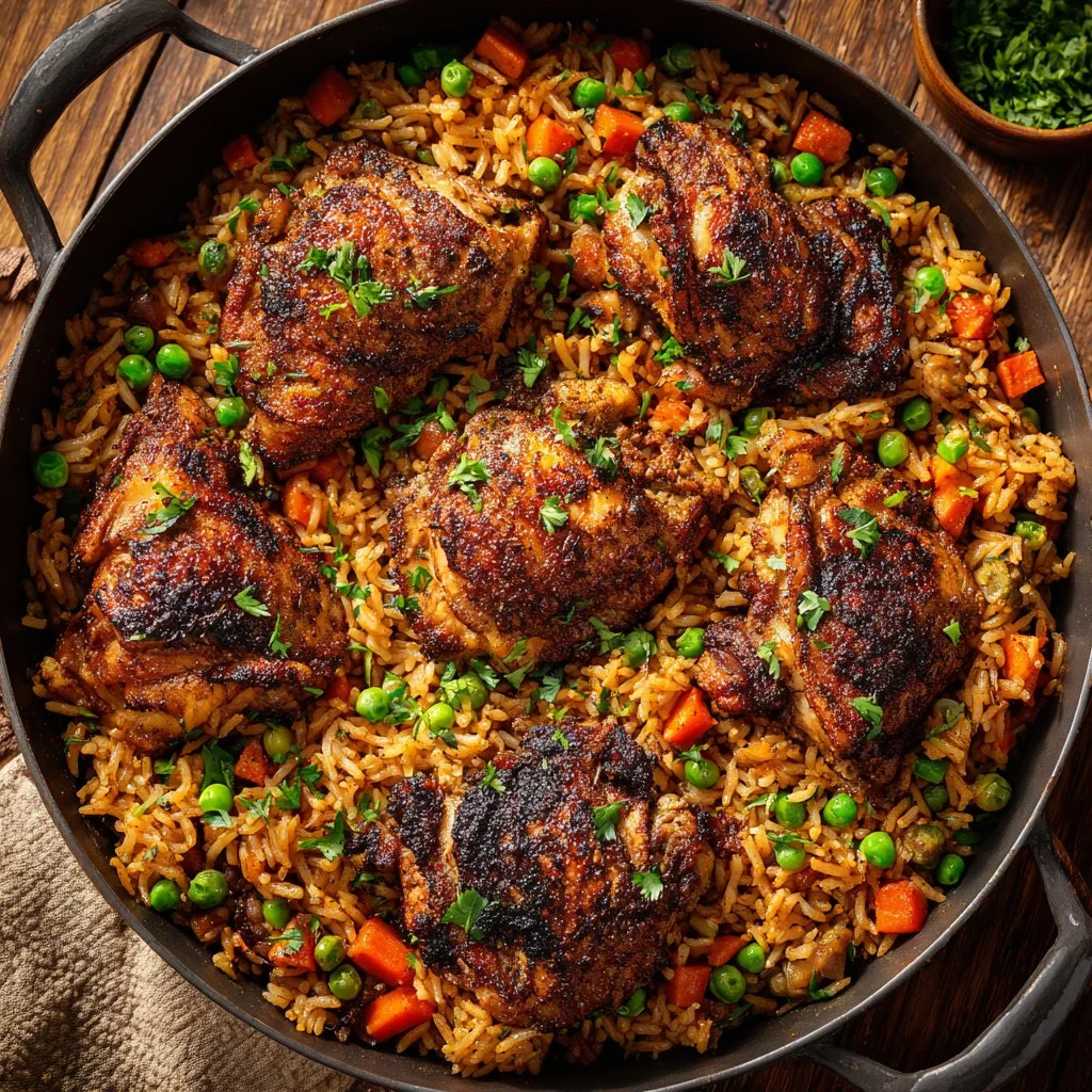 Delicious Caribbean jerk chicken served with rice and fresh herbs