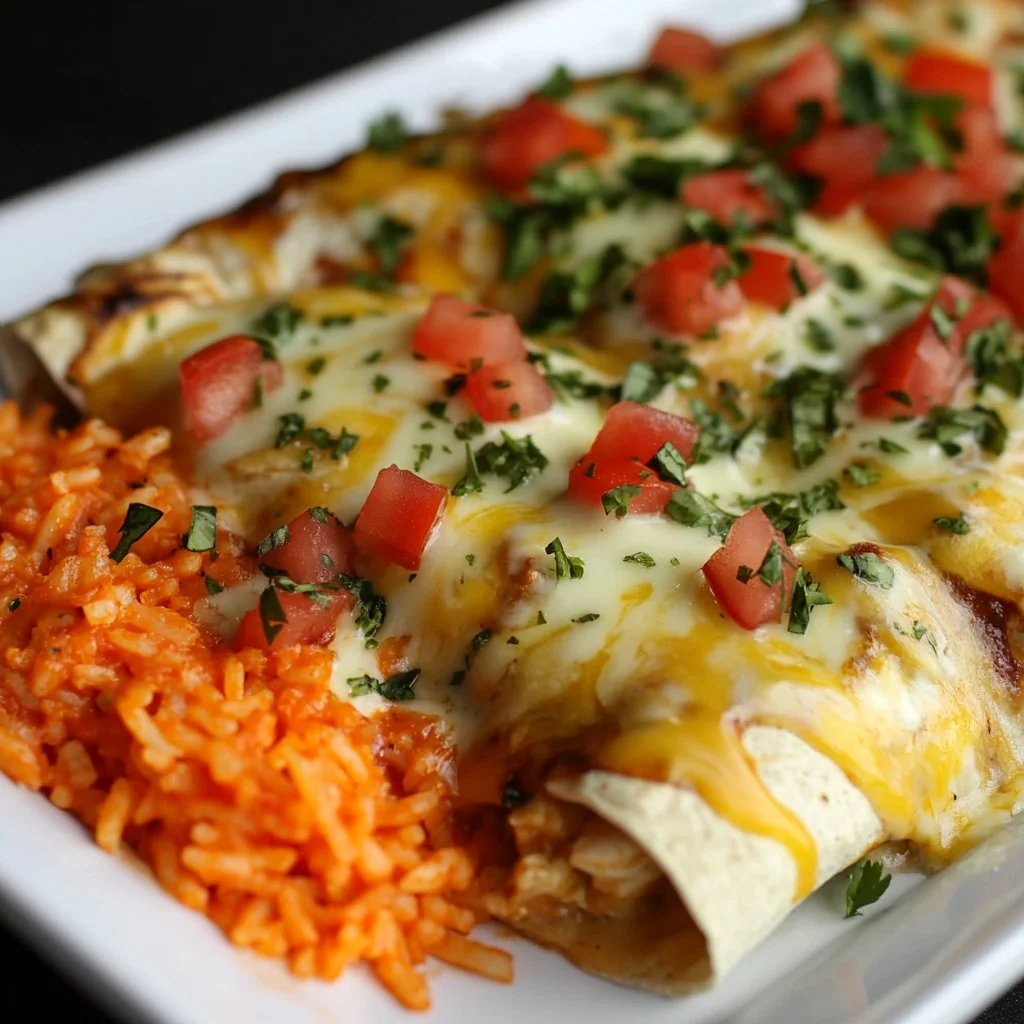 Cheese Chicken Enchiladas topped with melted cheese and fresh herbs