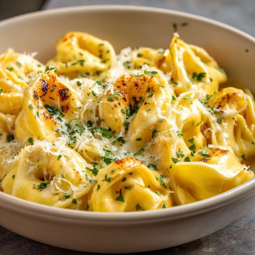 Delicious cheesy baked tortellini in a baking dish, melted cheese on top