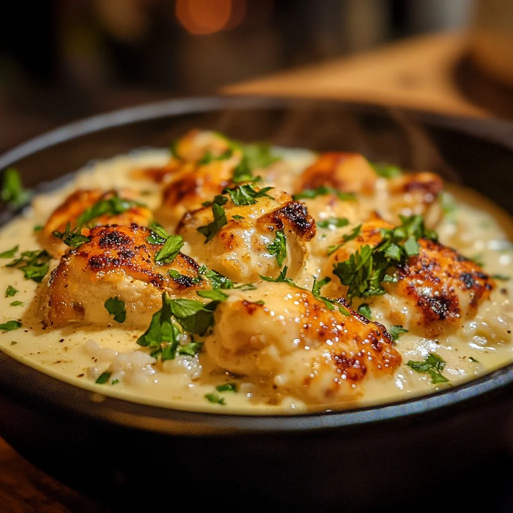 Delicious cheesy chicken and rice recipe in a creamy sauce