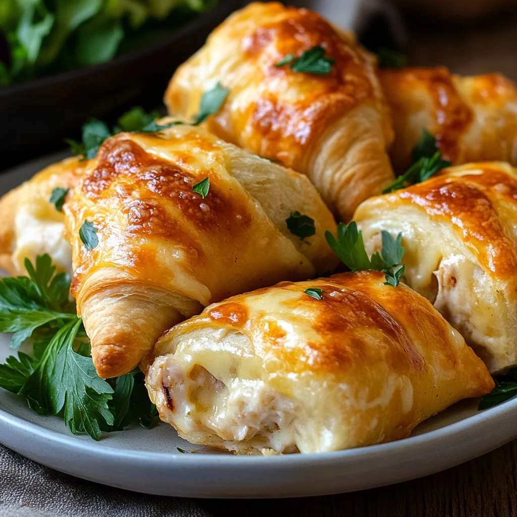 Cheesy chicken crescent rolls golden and gooey, ready to enjoy.