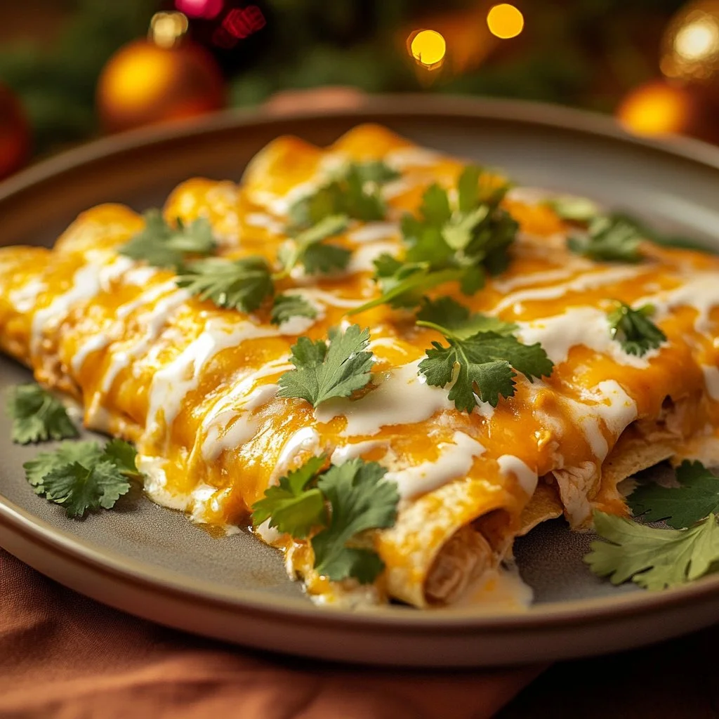 Cheesy chicken enchiladas topped with a creamy sauce served on a plate