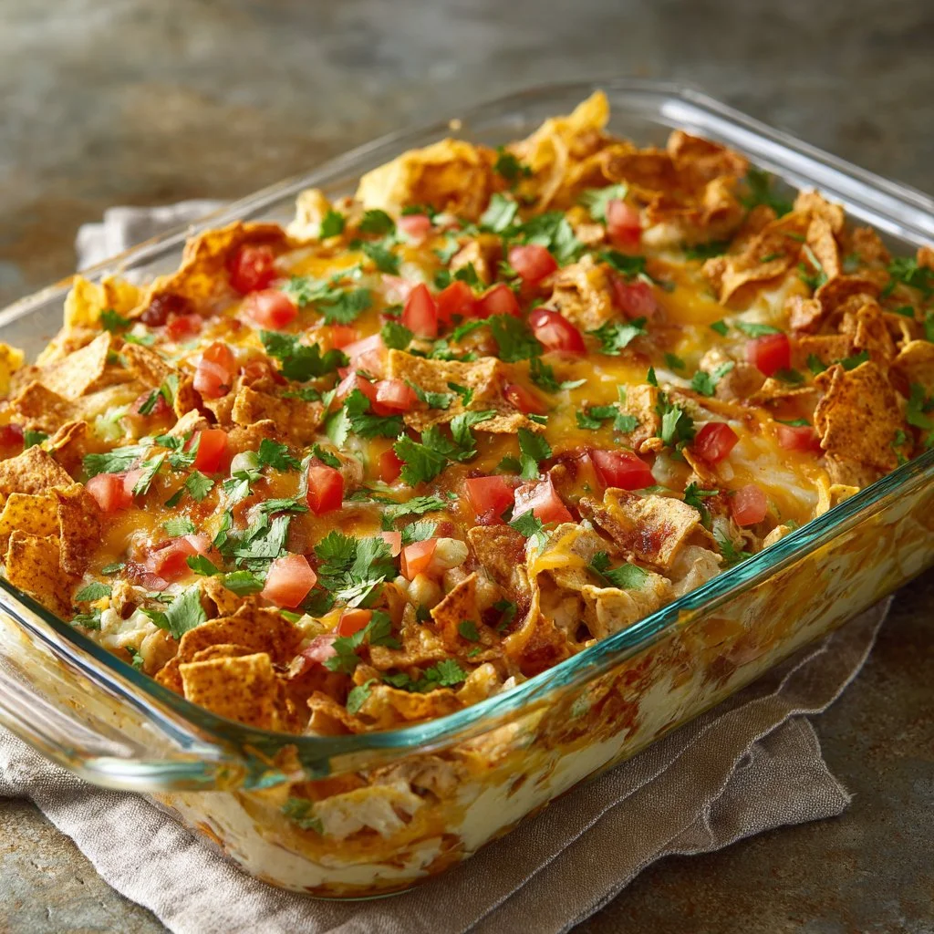 Cheesy Chicken Taco Casserole with toppings served in a dish