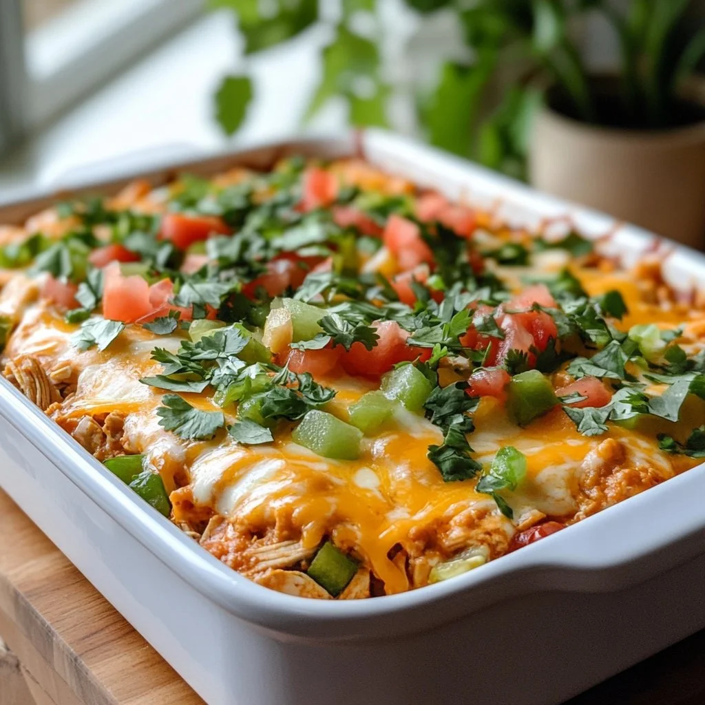 Delicious cheesy chicken taco casserole topped with melted cheese and fresh toppings