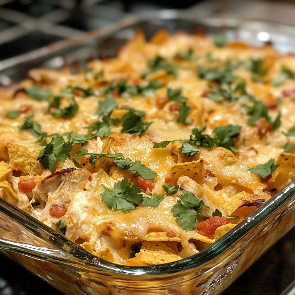 Cheesy chicken taco casserole served in a baking dish, topped with fresh cilantro.