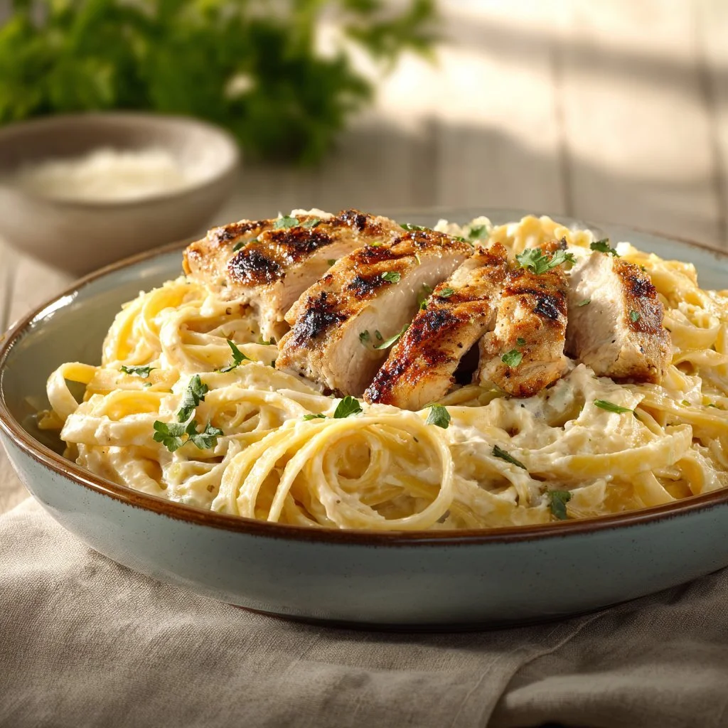 Delicious plate of Chicken Alfredo Pasta with creamy sauce and grilled chicken