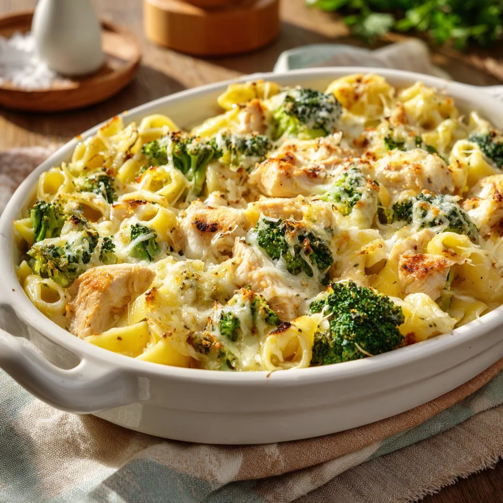 Delicious Chicken Broccoli Pasta Bake with cheese and veggies