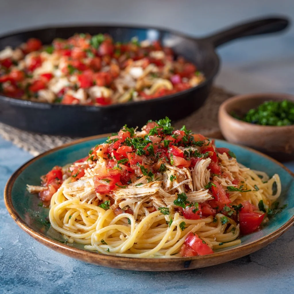 Delicious Chicken Bruschetta Pasta topped with fresh basil and tomatoes
