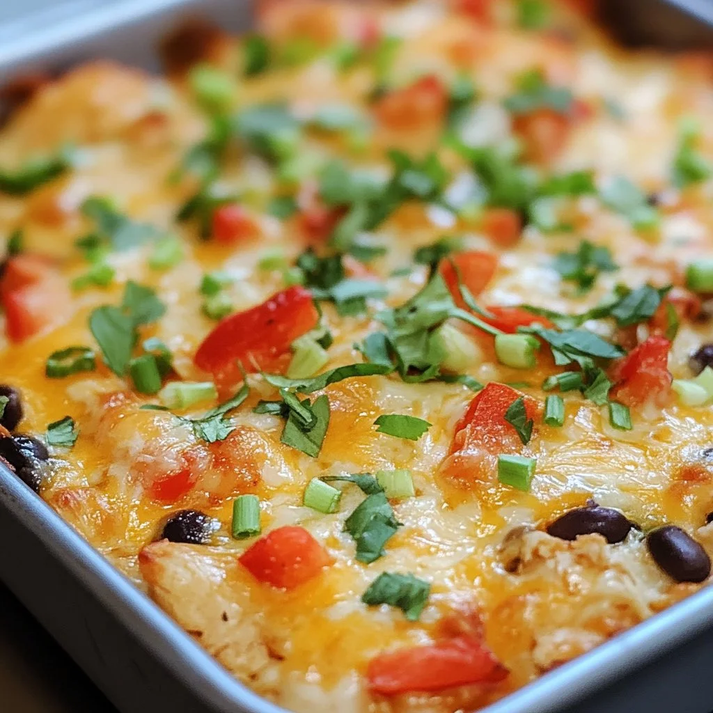 Delicious Chicken Burrito Casserole served in a baking dish with toppings