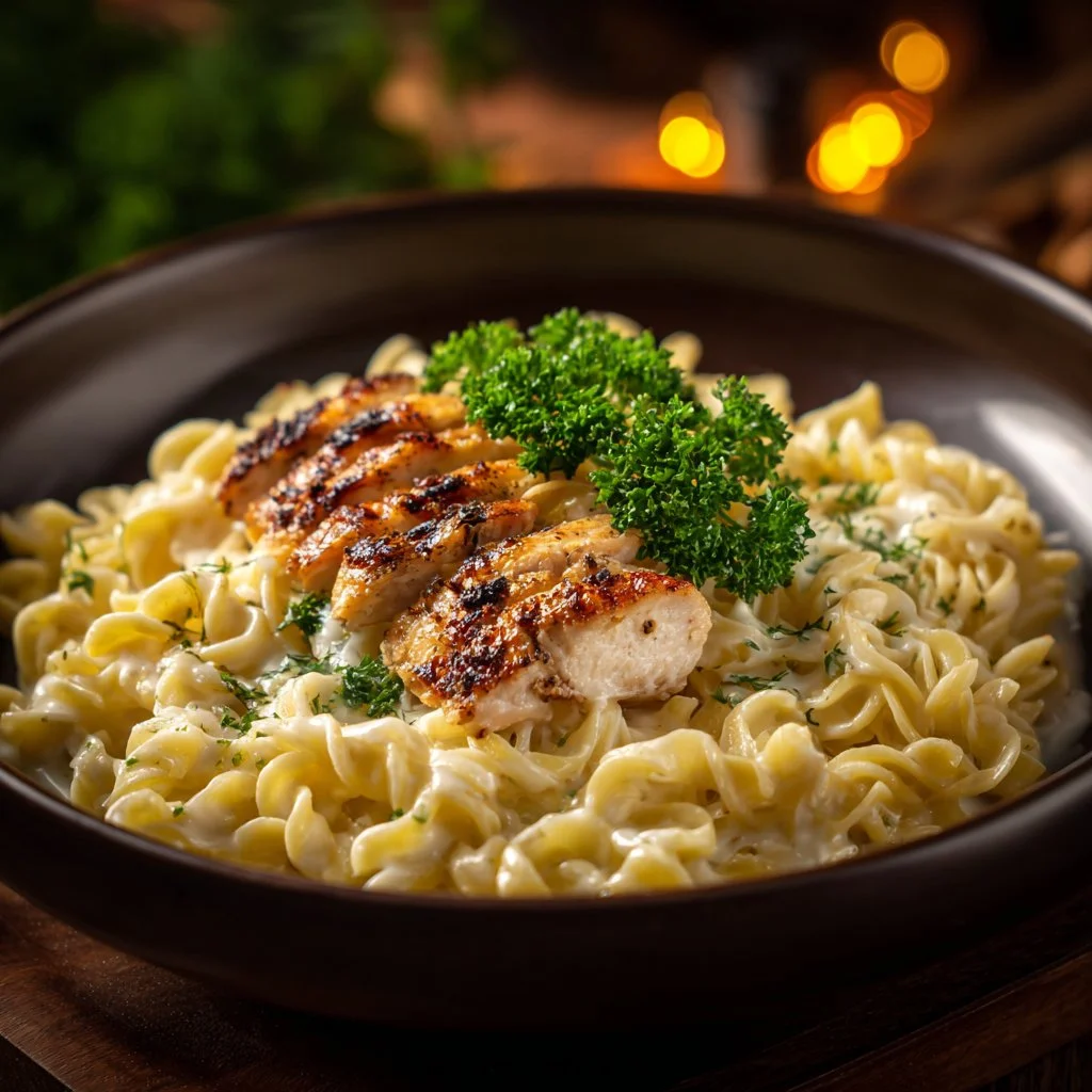 Delicious Chicken Buttered Noodles served in a bowl with herbs.