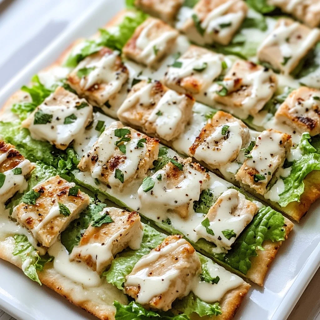Chicken Caesar Flatbread with grilled chicken, romaine lettuce, and Caesar dressing