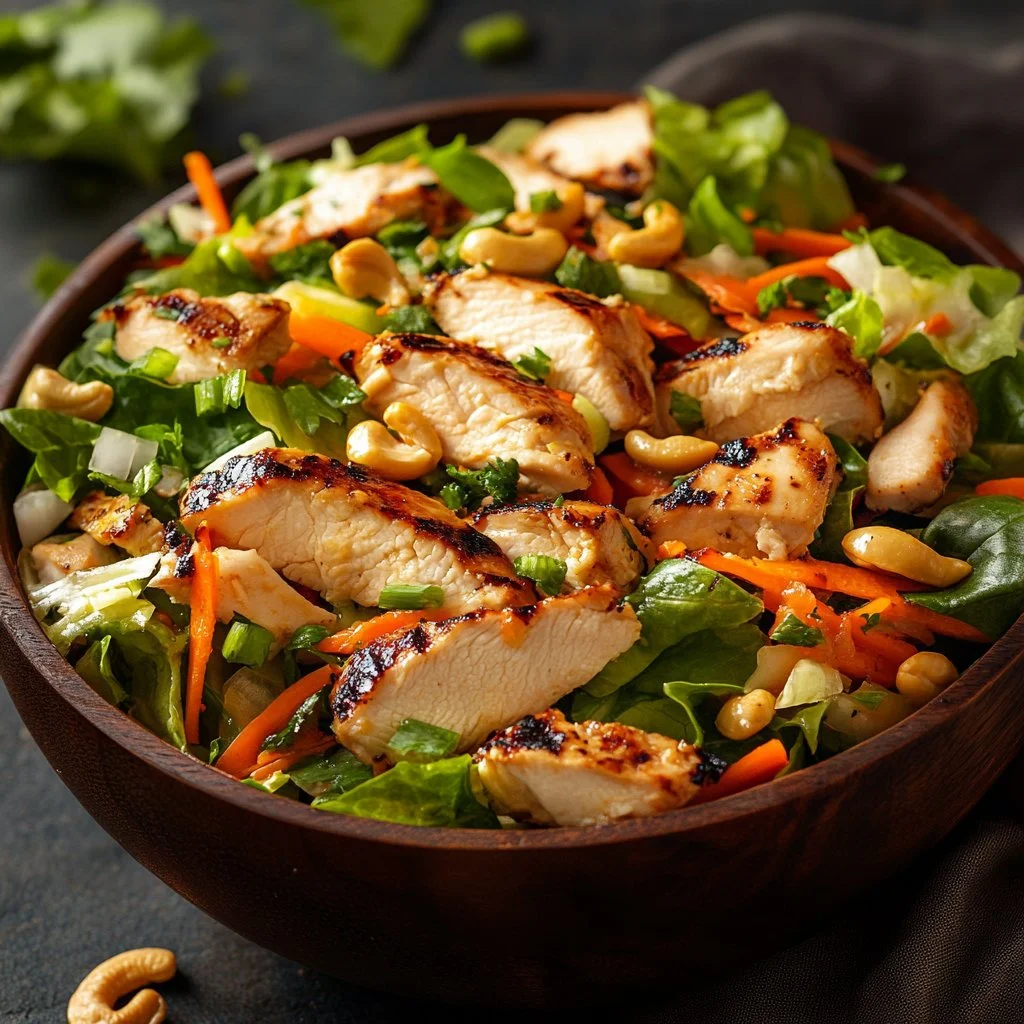 Delicious Chicken Cashew Crunch Salad with greens and crunchy cashews
