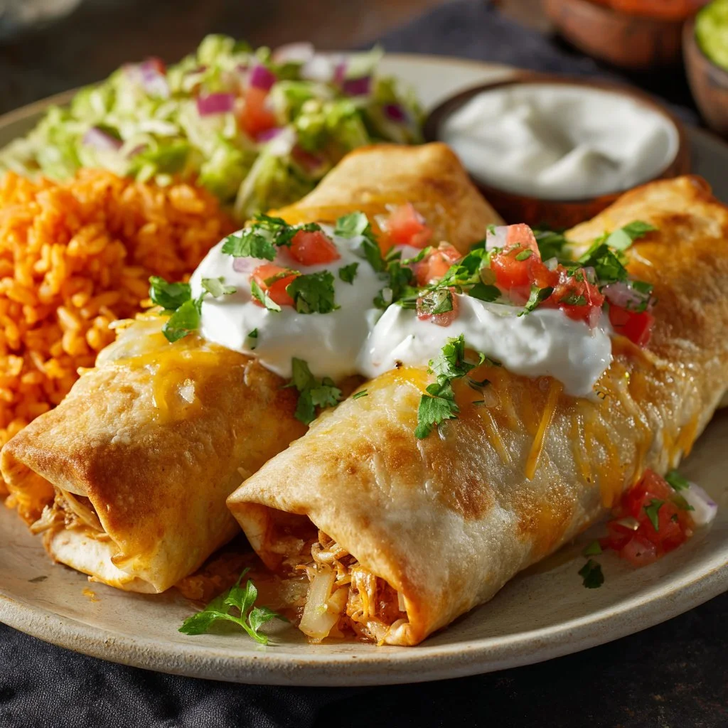 Delicious Chicken Chimichangas filled with seasoned chicken and topped with sauce
