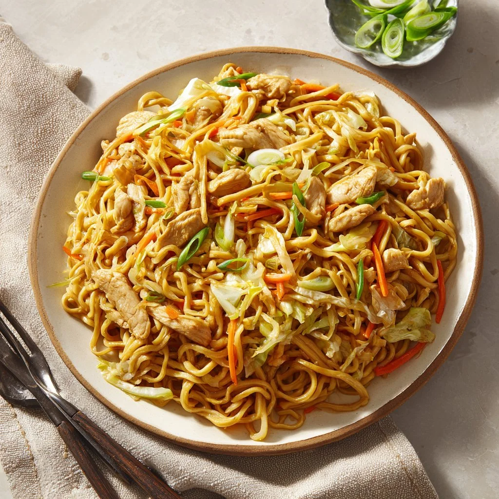 Delicious Chicken Chow Mein with vegetables and tender chicken stir-fried in sauce