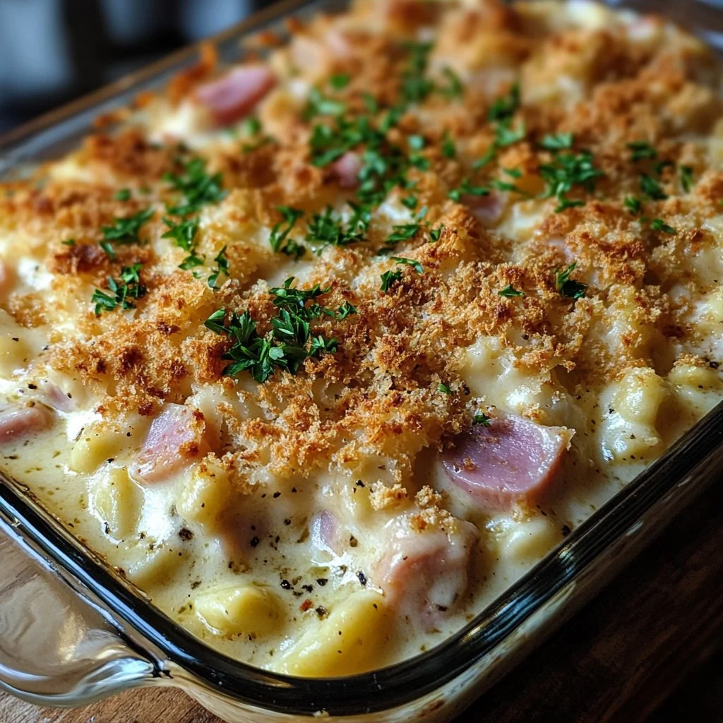 Delicious Chicken Cordon Bleu Casserole with ham and cheese