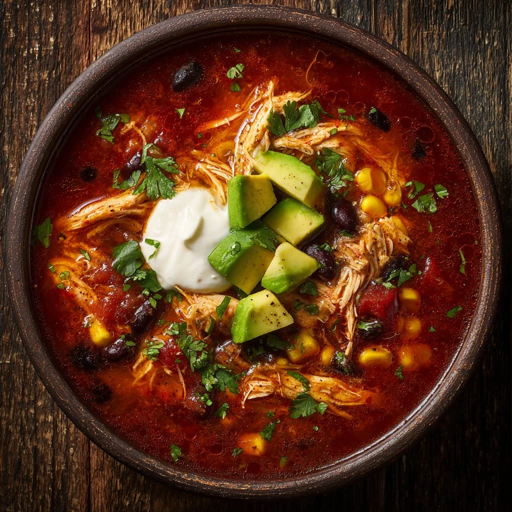 Bowl of creamy Chicken Enchilada Soup topped with cilantro and tortilla strips