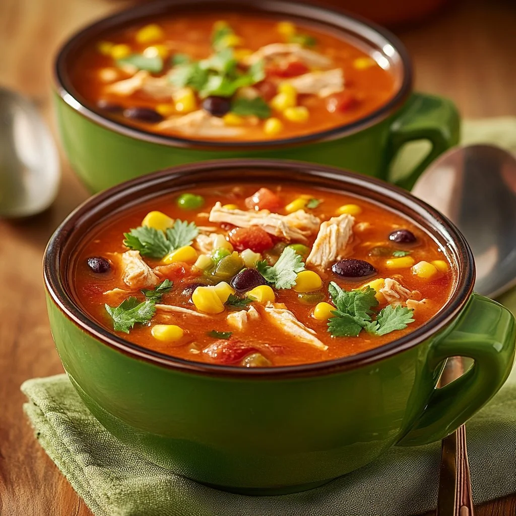 Bowl of Chicken Enchilada Soup topped with cilantro and cheese