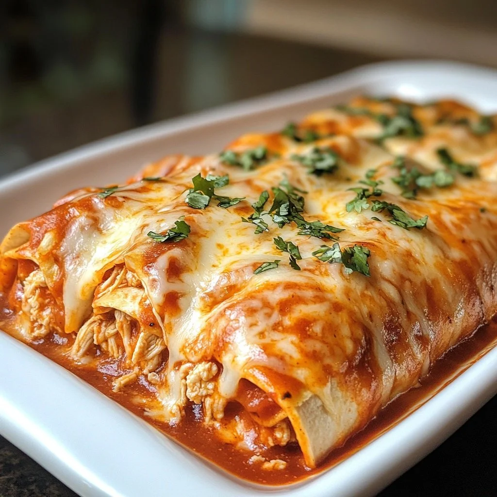 Delicious Chicken Enchiladas topped with cheese and garnished with cilantro