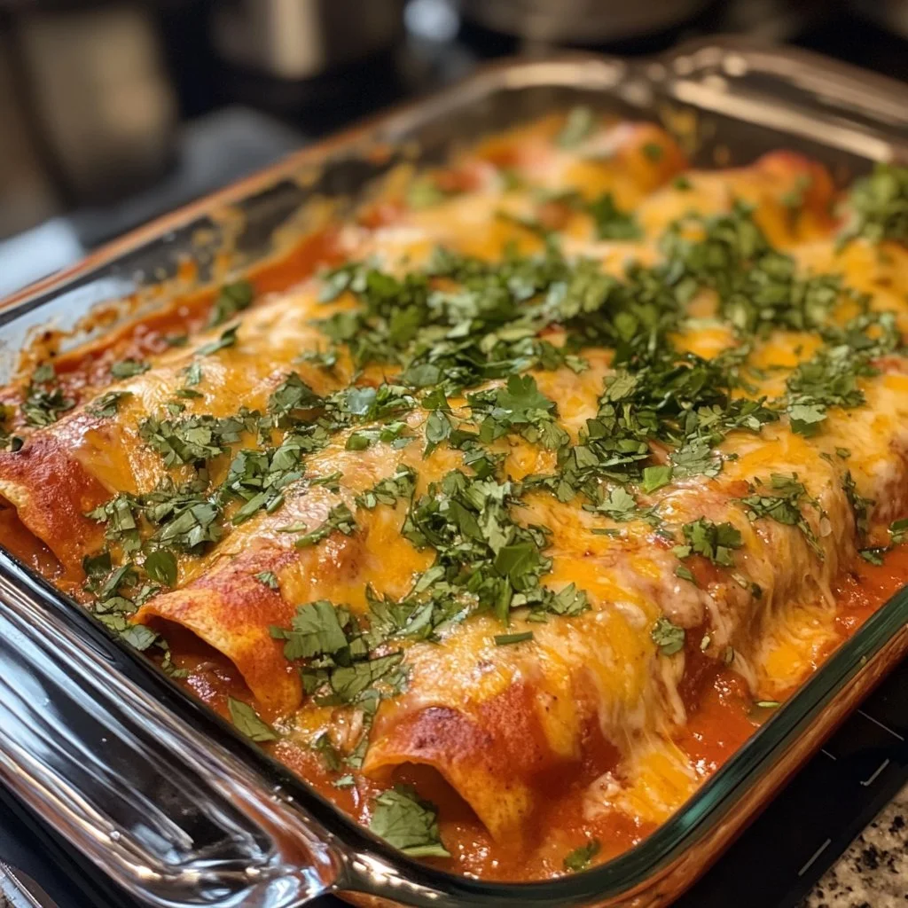Delicious homemade Chicken Enchiladas topped with cheese and fresh cilantro.