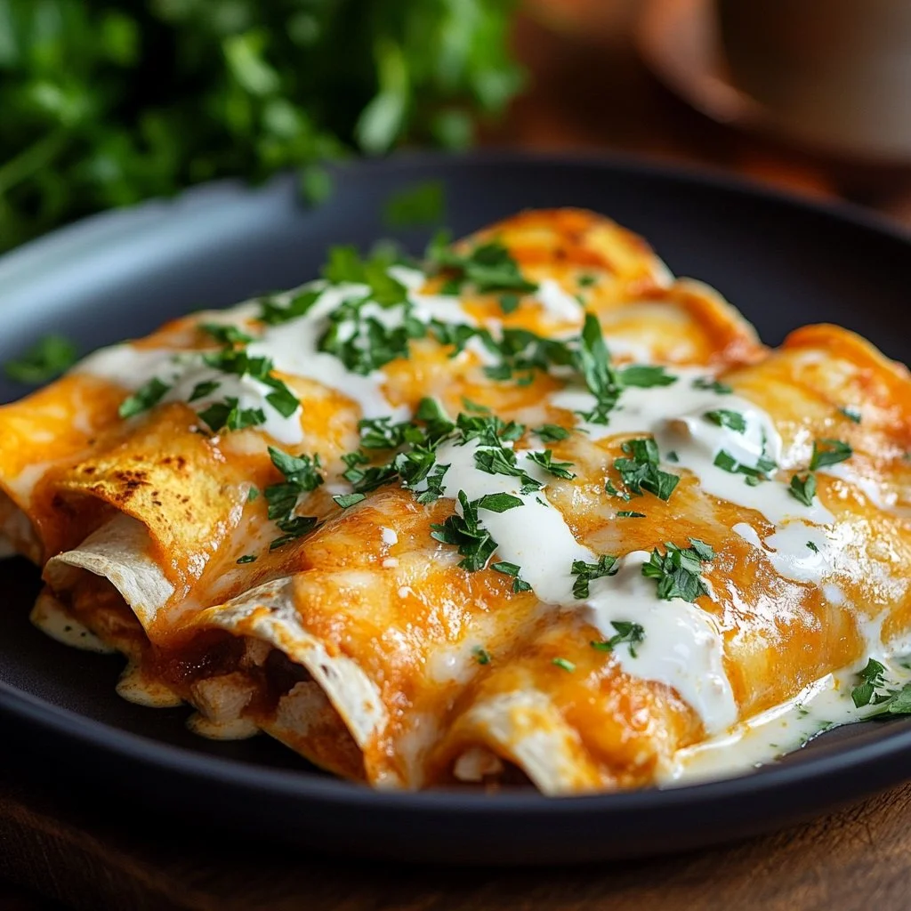 Delicious Chicken Enchiladas drizzled with creamy sour cream sauce