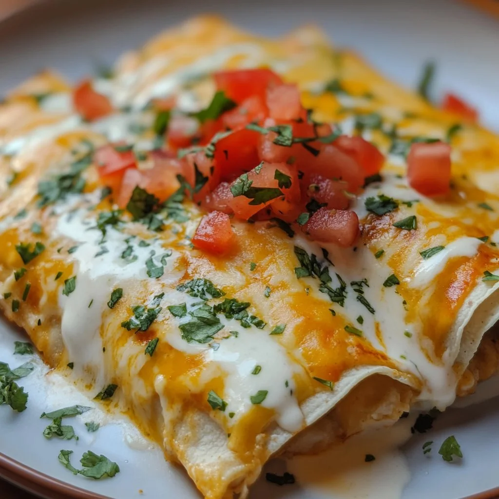 Delicious chicken enchiladas smothered in sour cream white sauce, garnished with herbs