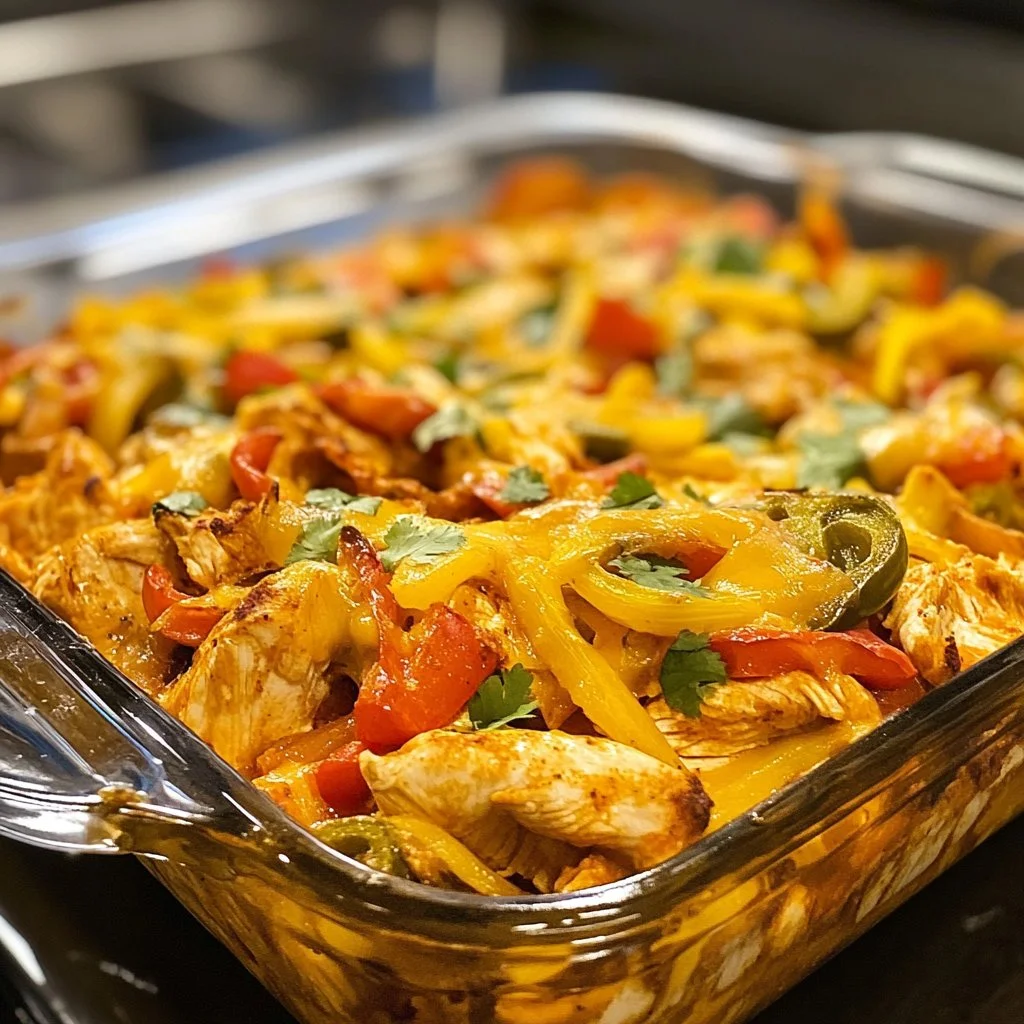 Delicious Chicken Fajita Casserole with colorful bell peppers and spices.