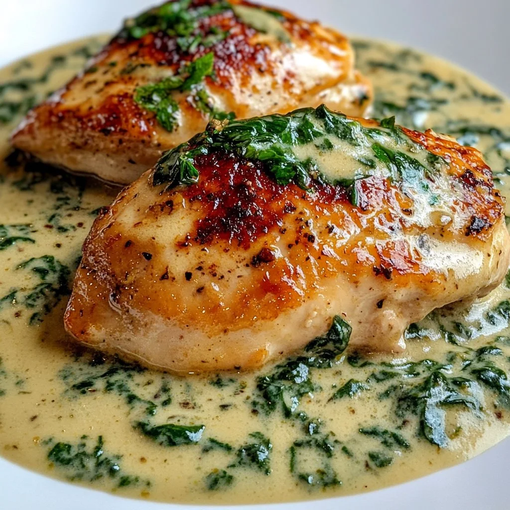 Delicious Chicken Florentine dish with creamy spinach and grilled chicken.