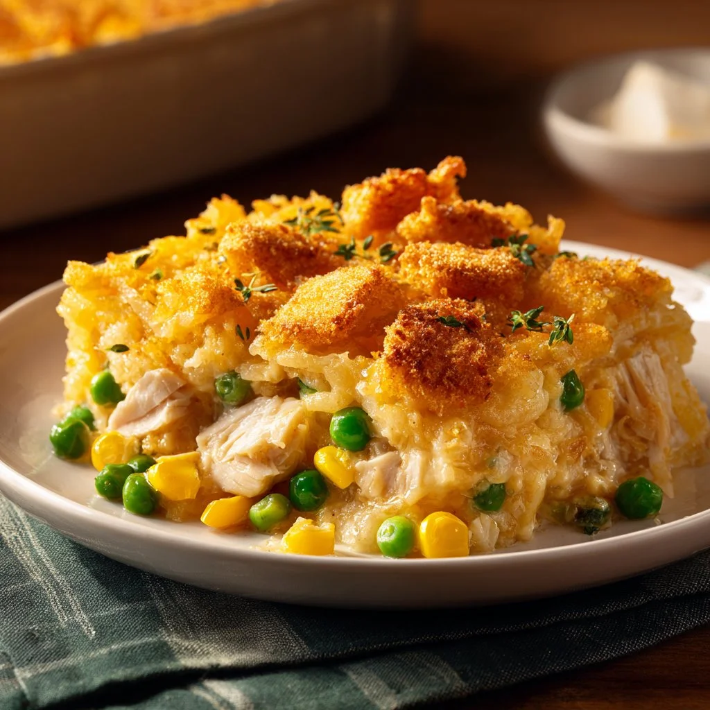 Delicious Chicken Hashbrown Casserole topped with crispy hashbrowns.