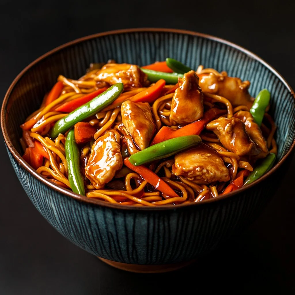 A delicious plate of Chicken Lo Mein with tender chicken and colorful vegetables.