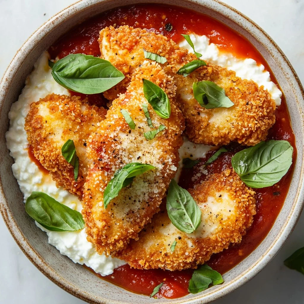 Chicken Parmesan Cottage Cheese Bowl with fresh herbs and melted cheese