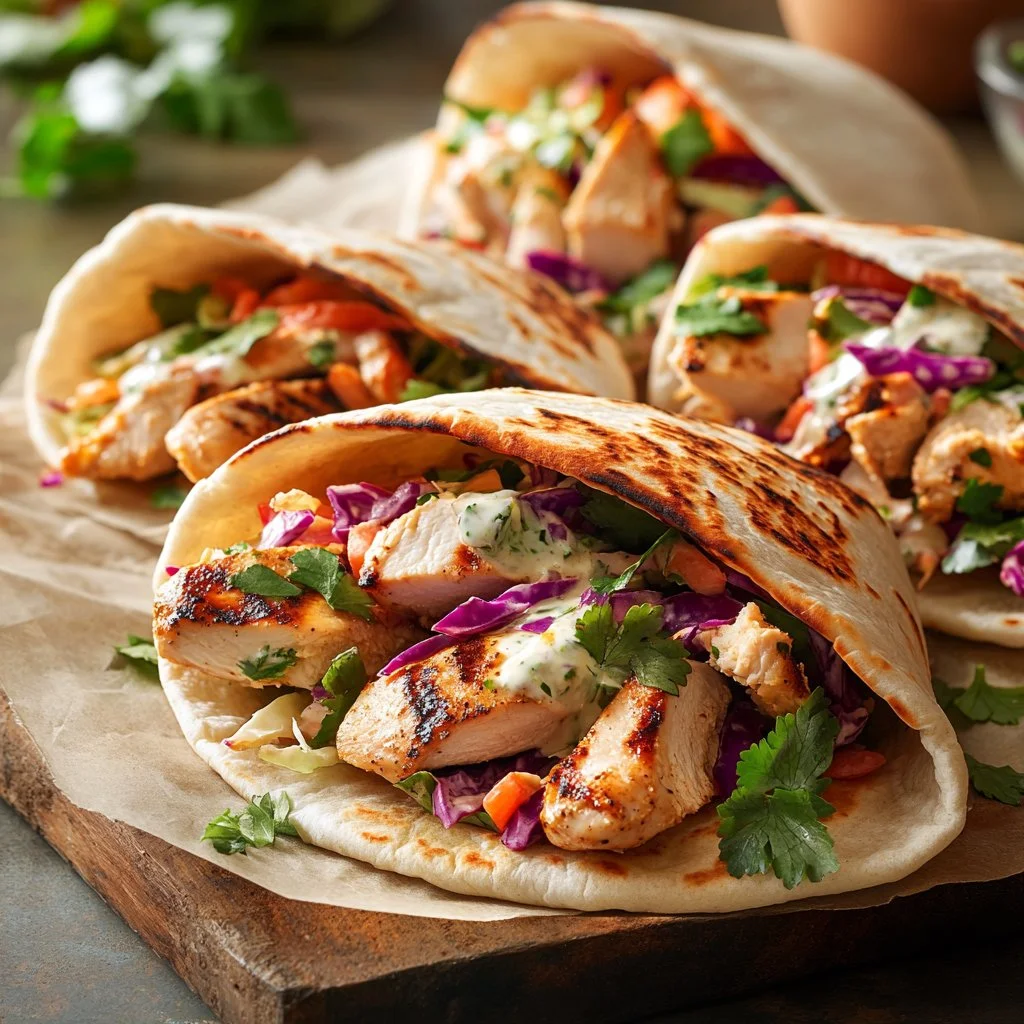 Chicken Pita Wrap with Herb-Infused Ranch Slaw wrapped in pita bread