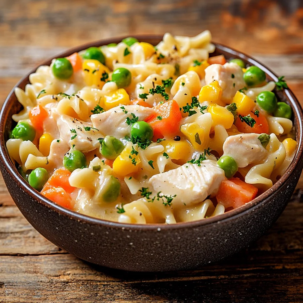Creamy chicken pot pie pasta with vegetables and herbs in a bowl