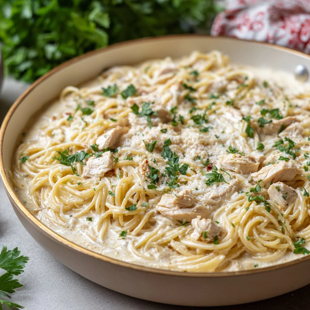 A serving of Chicken Spaghetti with chicken, pasta, and sauce in a bowl