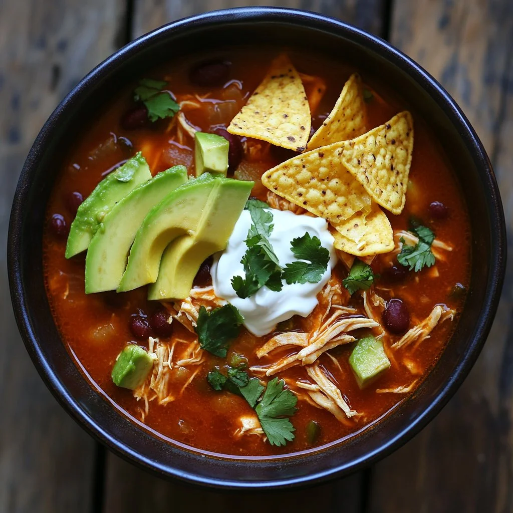 Bowl of Chicken Tortilla Soup garnished with tortilla strips and cilantro