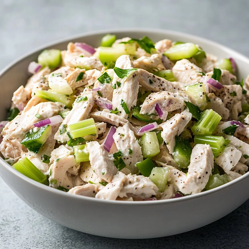 Bowl of classic chicken salad with fresh vegetables and herbs