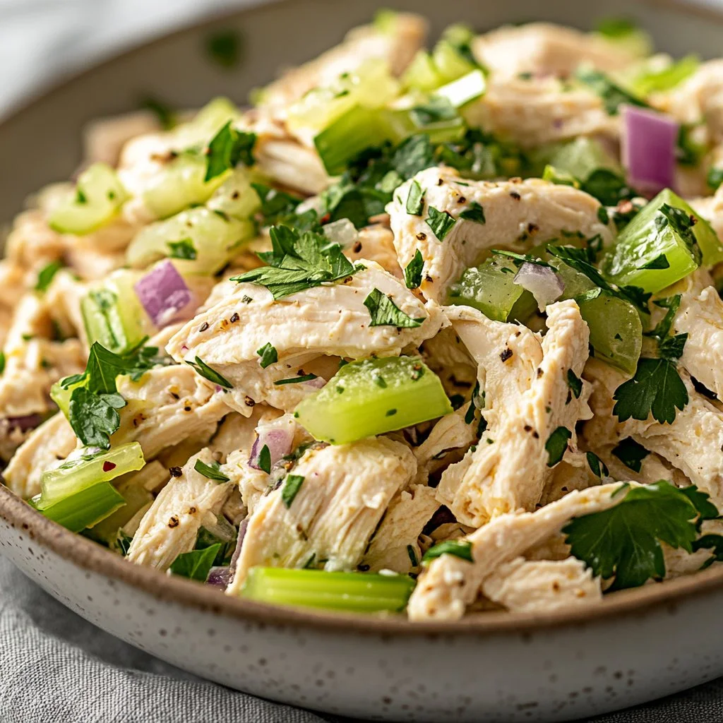 Bowl of classic chicken salad with fresh ingredients and dressing